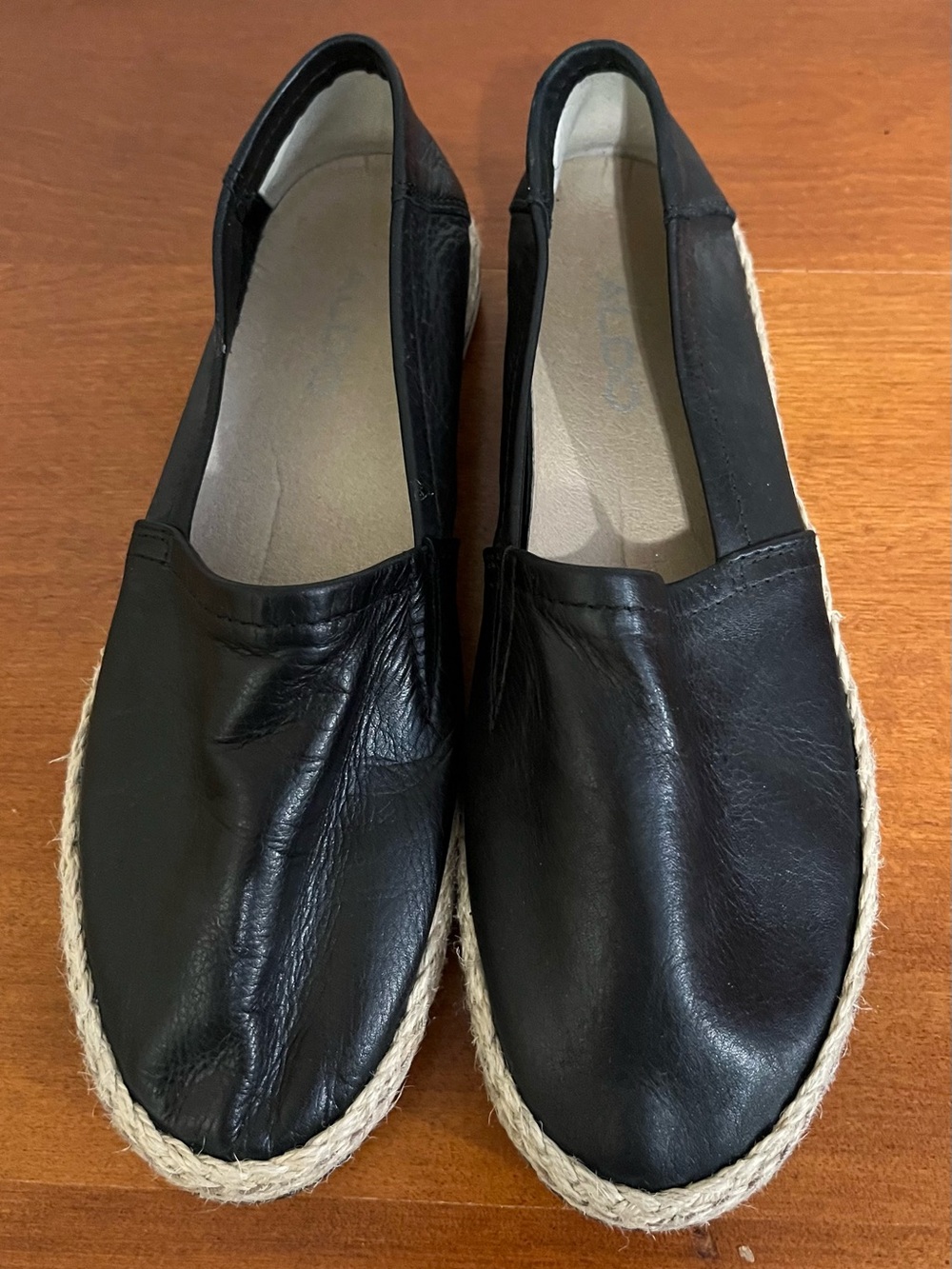 Aldo Black Leather Espadrille Slip-Ons with Braided Jute Sole